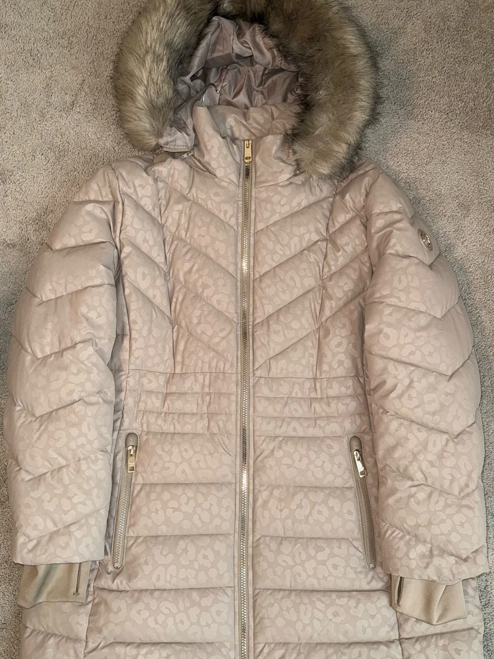 Michael Kors Light Taupe Leopard-Print Puffer Coat with Faux Fur Trim